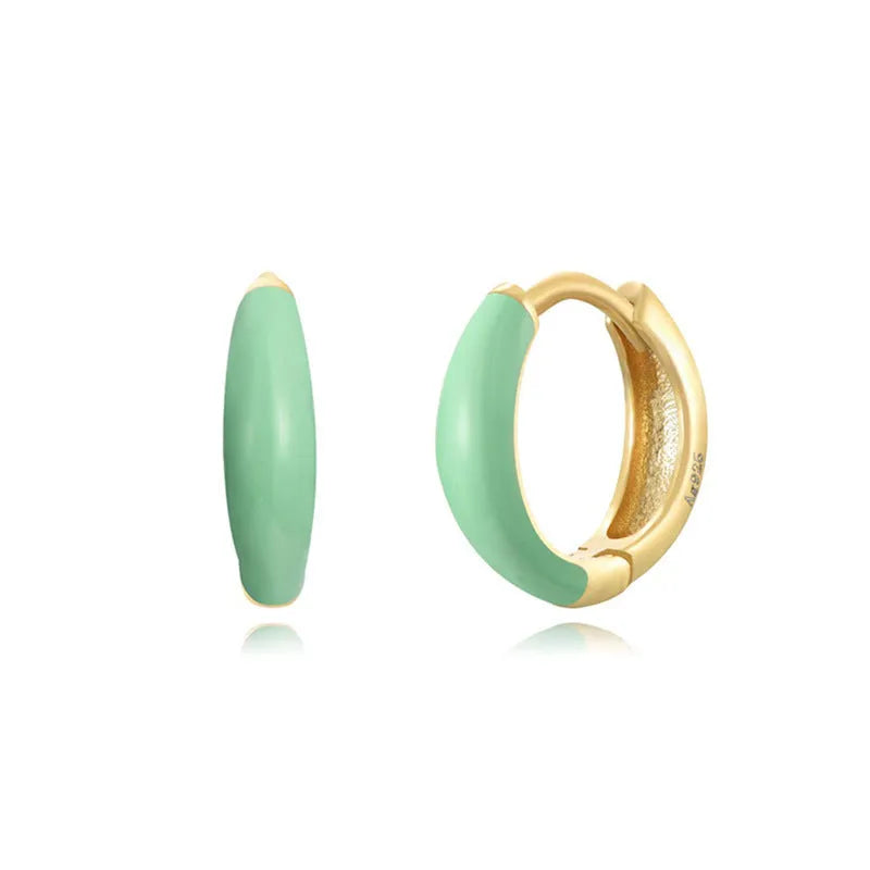 A pair of oval curved epoxy earrings in various colours with geometric ring details on a silver needle copper frame.