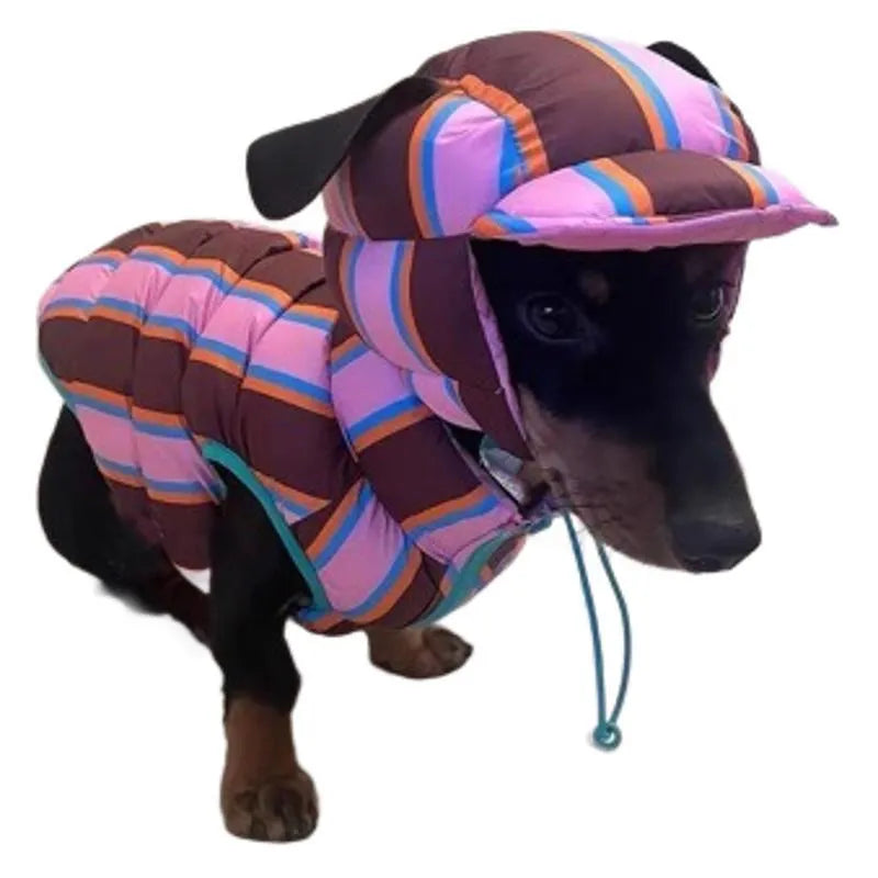 Dirty pink striped polyester dog vest with a matching winter hat for small breed dogs.