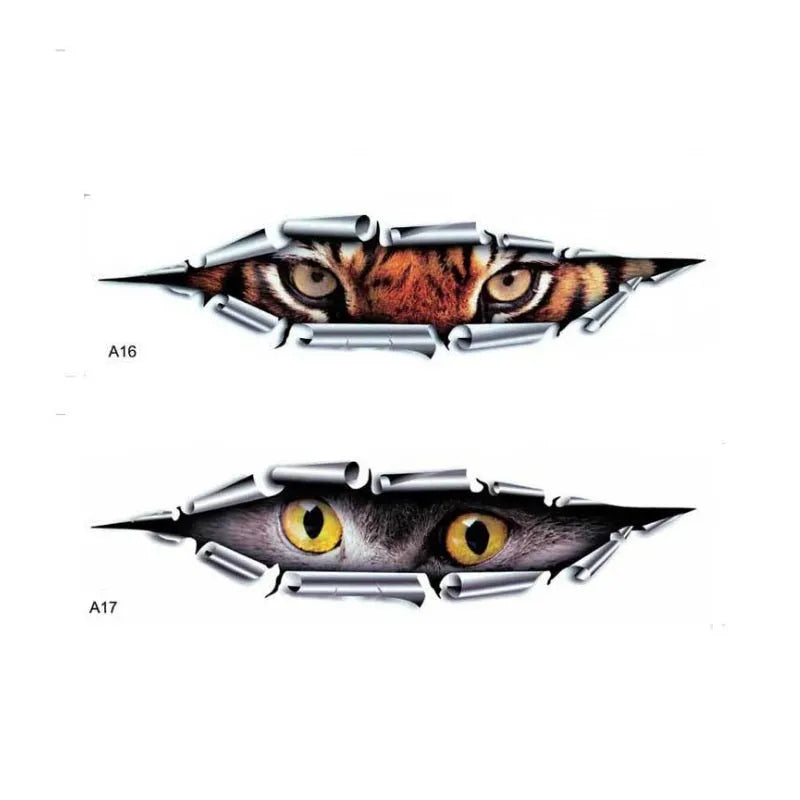 3D tiger eye and eagle eye car bumper sticker on vehicle door measuring 35cm by 10cm