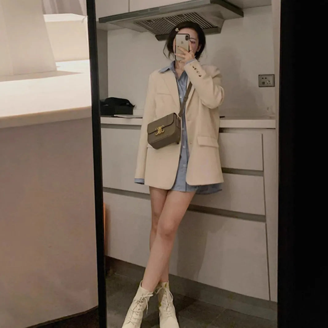Korean-style solid colour street suit jacket with long sleeves and pocket detail