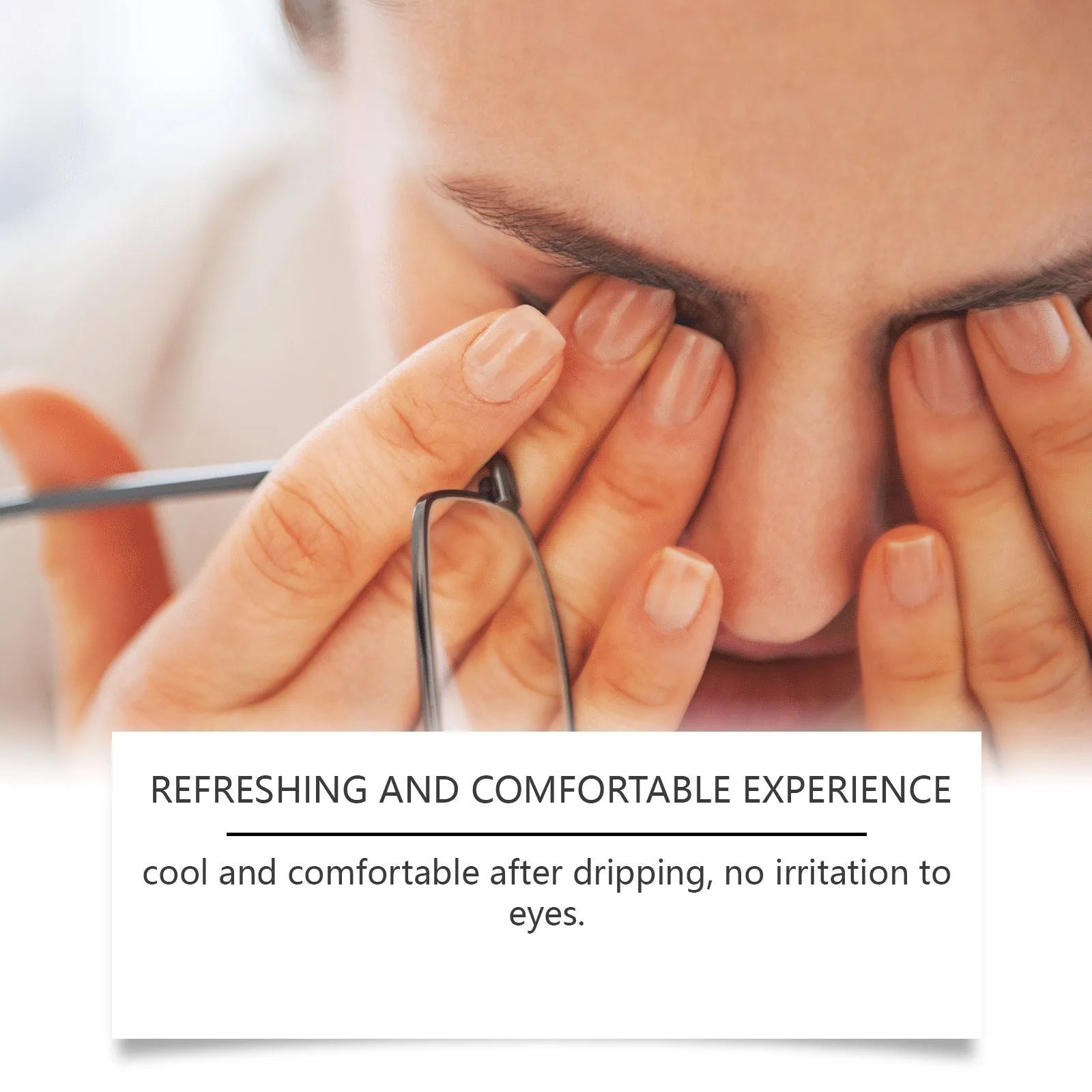 Bottle of moisturising eye drops with mint leaf and sodium hyaluronate for gentle eye care