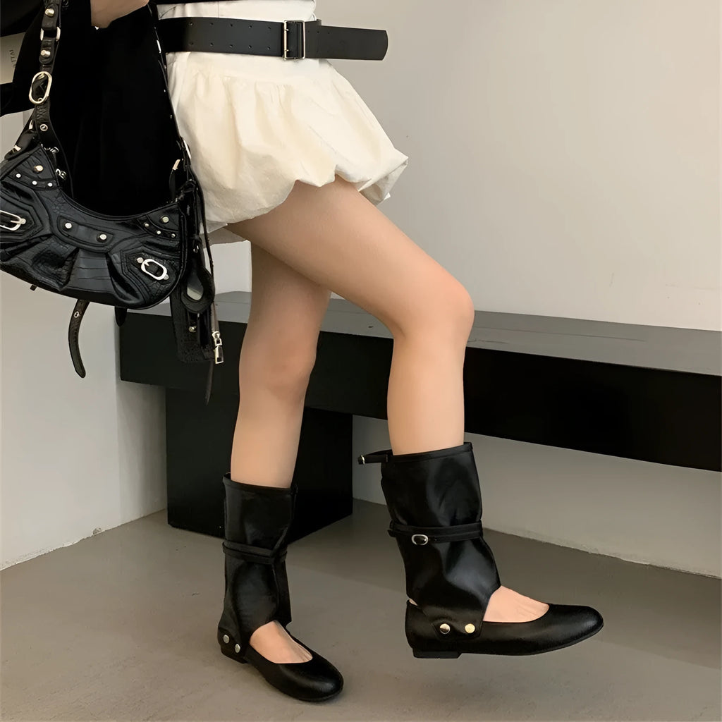 Niche design two-way pants brushed hollow-out mid-calf loose socks boots for women in black