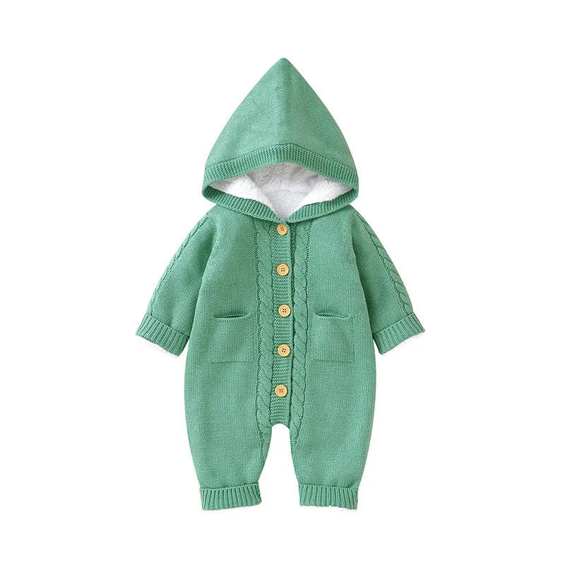 Baby winter thickened knitting jumpsuit romper in pink, long climbing style, size 62cm to 86cm