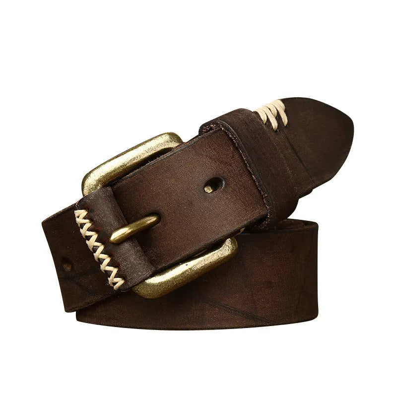 Handmade retro cow leather belt with copper pin buckle, 3.8cm wide, 4mm thick, in brown colour