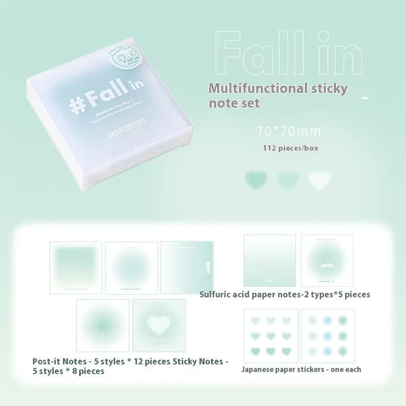 Square 70mm multifunctional notepad with gradient parchment pages, shown in Blush, Chin Blue, Chin Green, and Chin Purple cover colours.