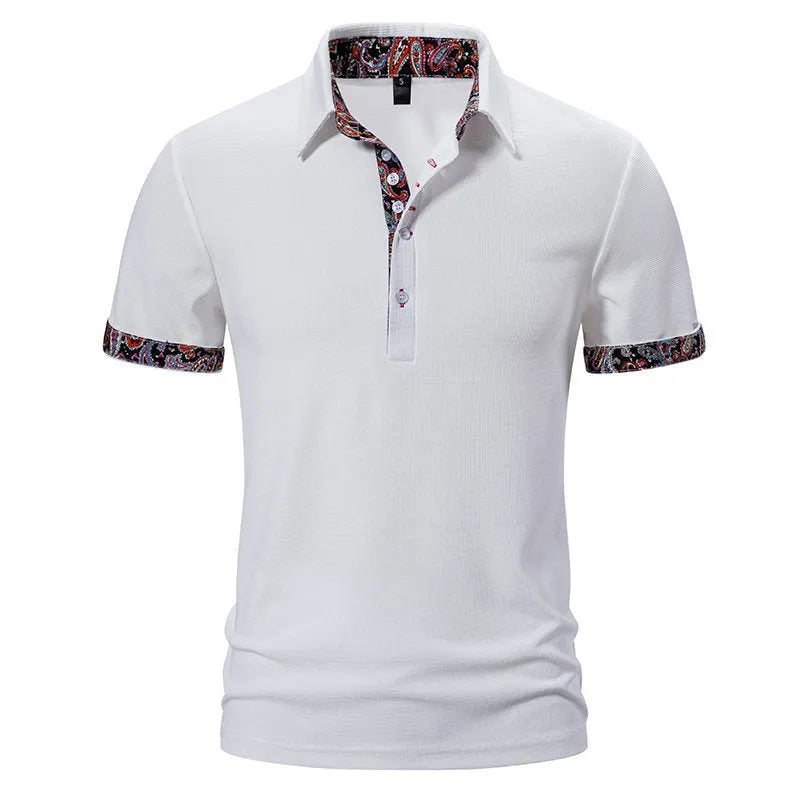 Men's navy blue polo shirt with a colour-stitched collar and short sleeves.