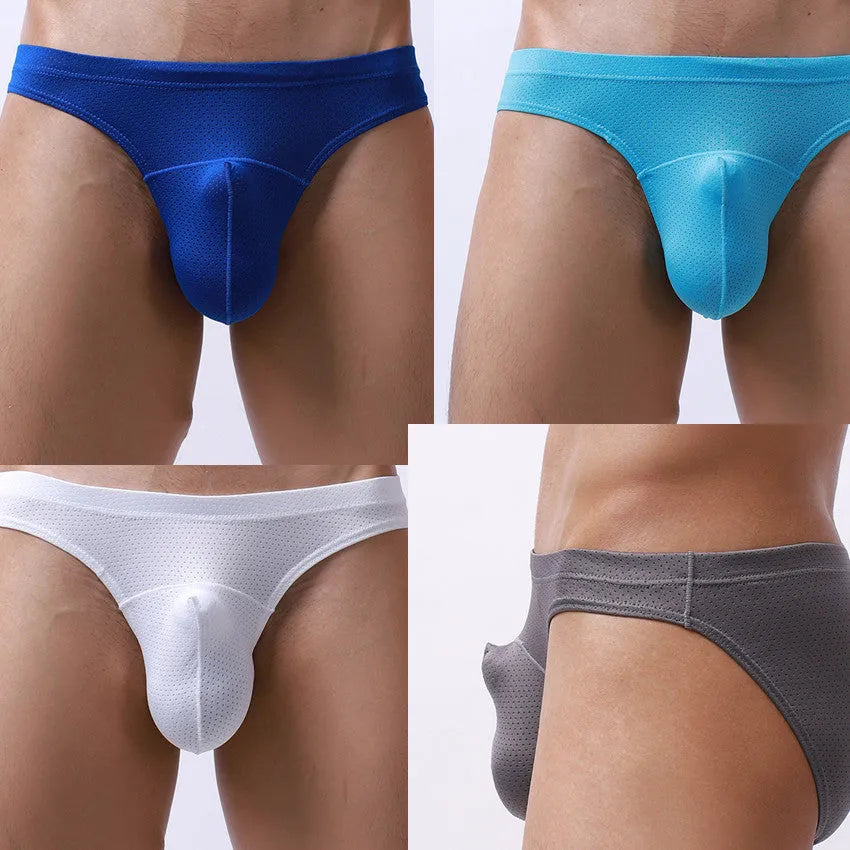 Men's loose fit nylon underwear shown in blue, black, white, grey, and sky blue colours
