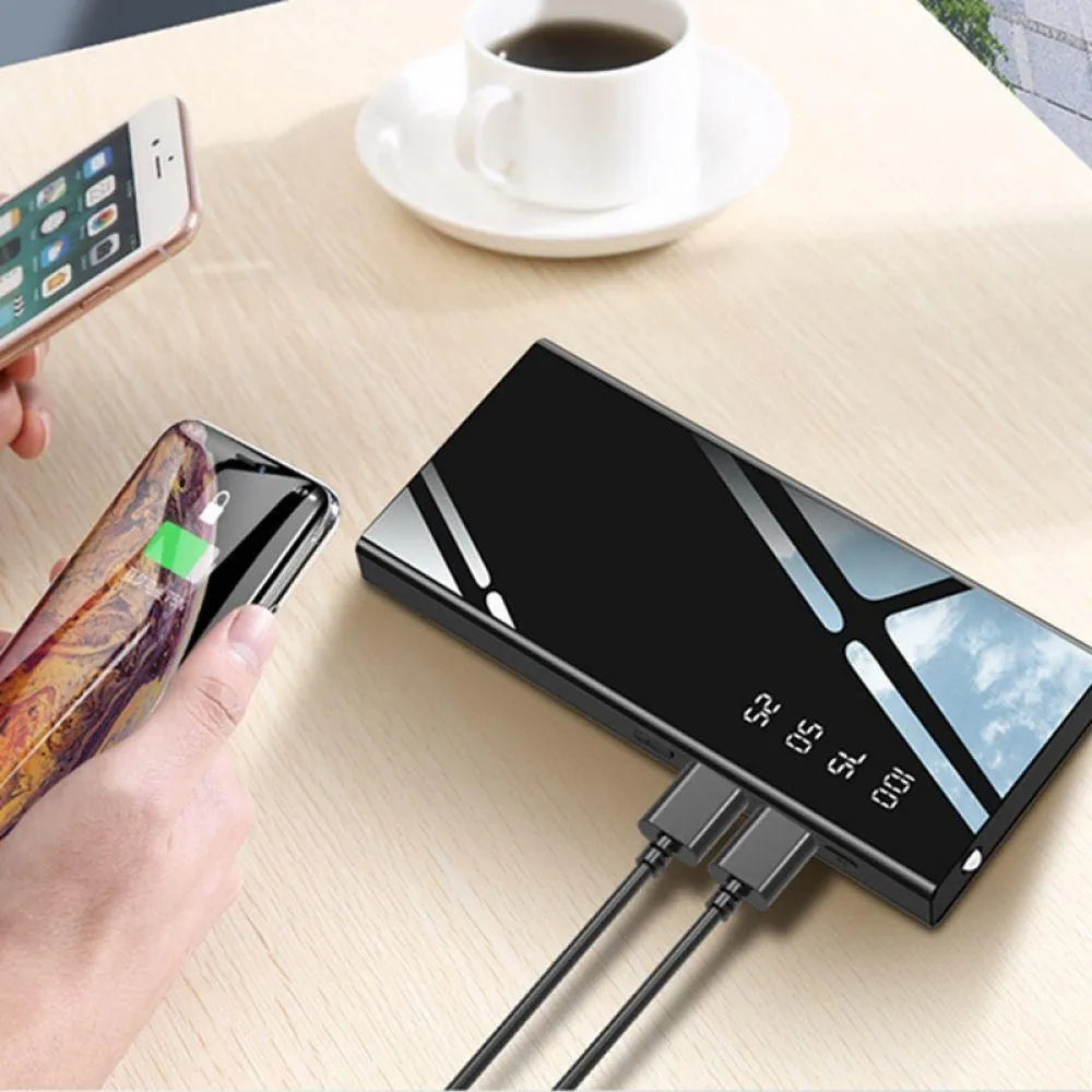 Black 20000mAh power bank with LCD display showing battery percentage and dual USB ports