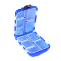 Black plastic fishing tackle storage box with 10 internal compartments open to show grid layout