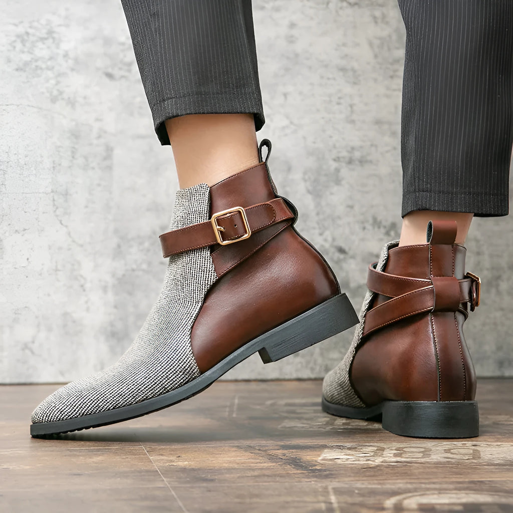 Men's high top retro platform work boots in beige or blue with rubber sole and front lace-up fastening