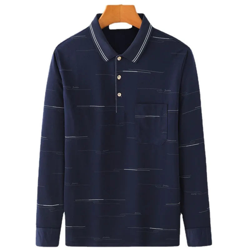 Men's cotton long sleeve striped pullover jumper with lapel collar in green, grey or navy blue