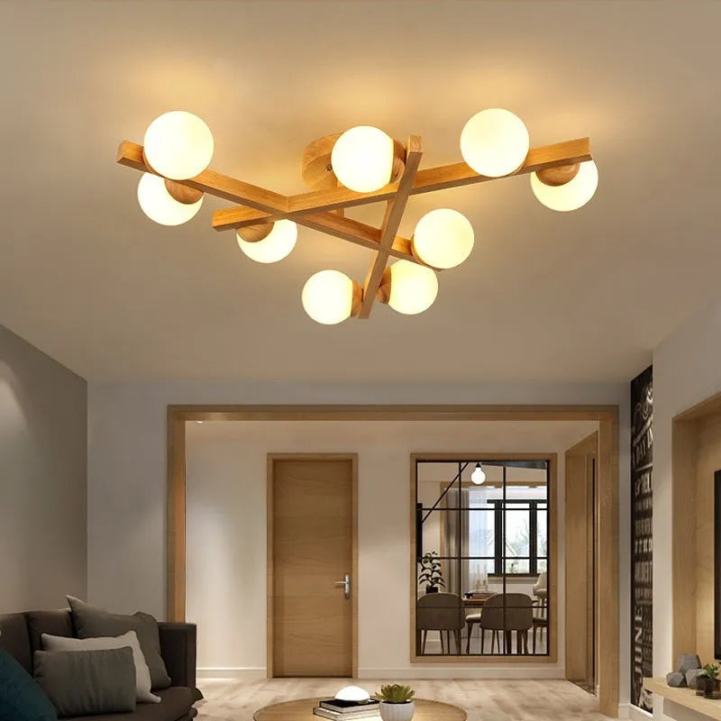 Wooden style modern Nordic ceiling light fixture with three neutral light heads