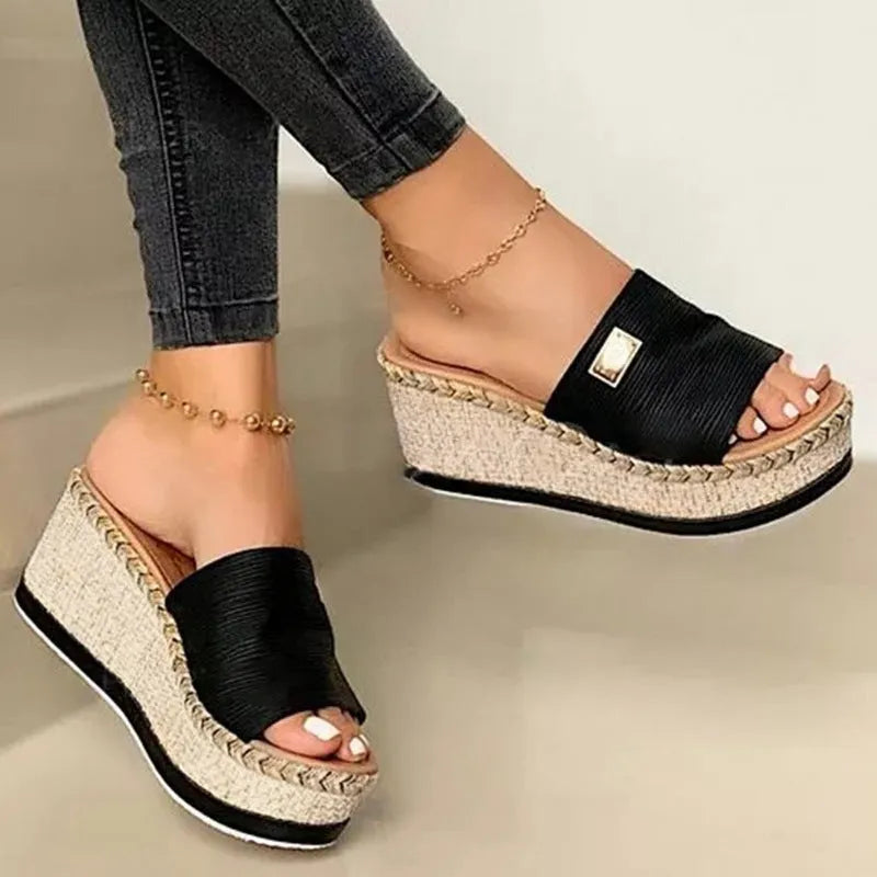 Women's wedge heel platform sandals with cloth upper and metal detail, plain style, front view