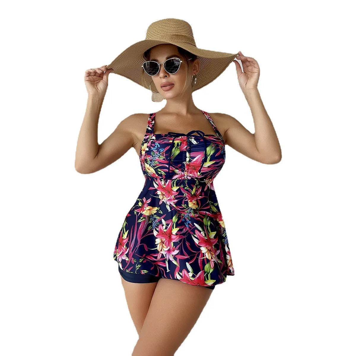 Women's high-waisted skirt style floral print swimsuit bikini set on a mannequin.