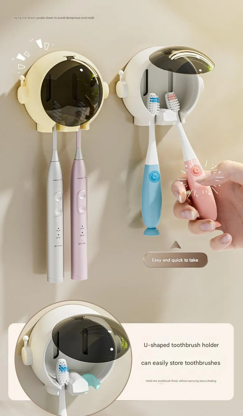 Cartoon wall-mounted no-drilling toothbrush holder in pink holding electric and manual toothbrushes