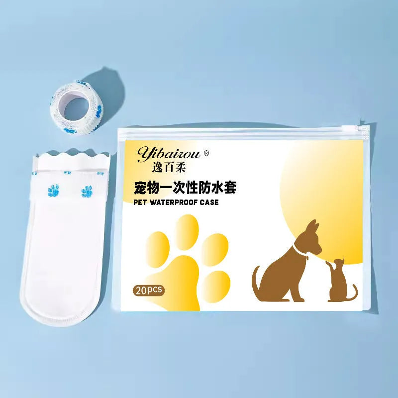 A pack of 20 white disposable non-woven fabric shoe covers for small or medium dogs on a blue background.