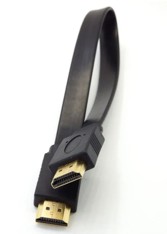 Flat black HDMI cable with gold-plated connectors shown in various lengths on a white background.