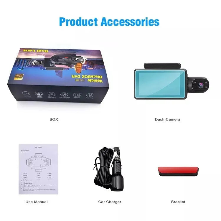 Black 3-inch dual lens driving recorder on-board camera with button controls and motion detection