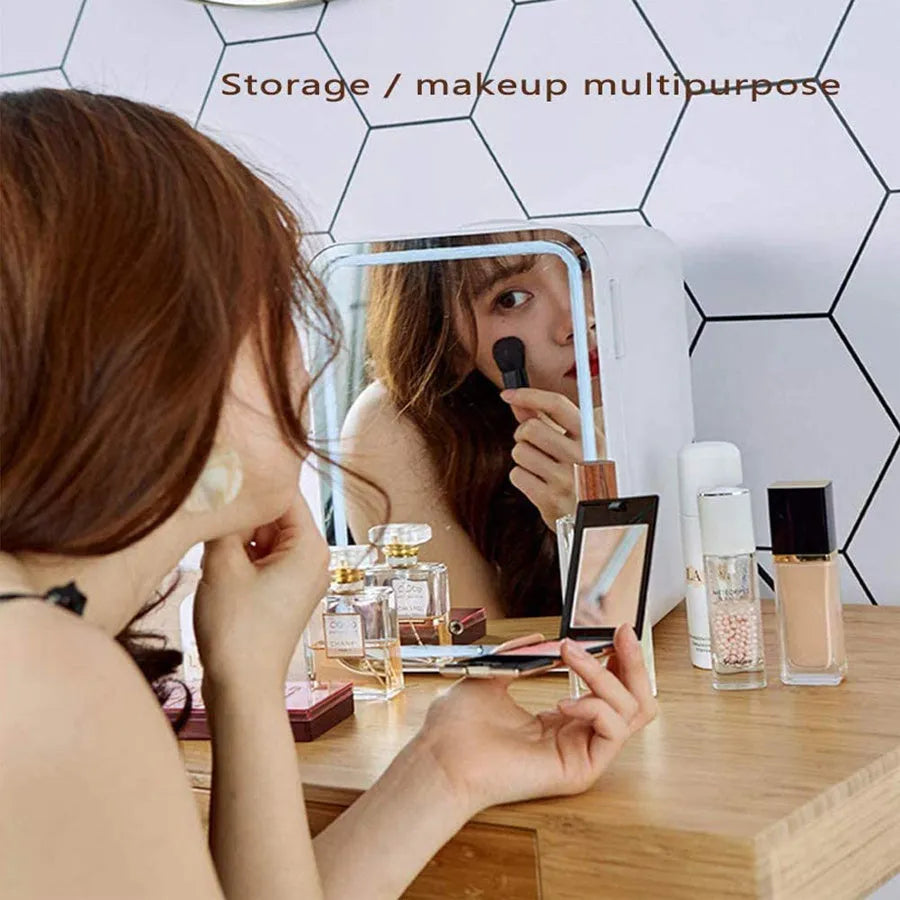 White portable mini makeup fridge with cooling and warming functions for skincare products