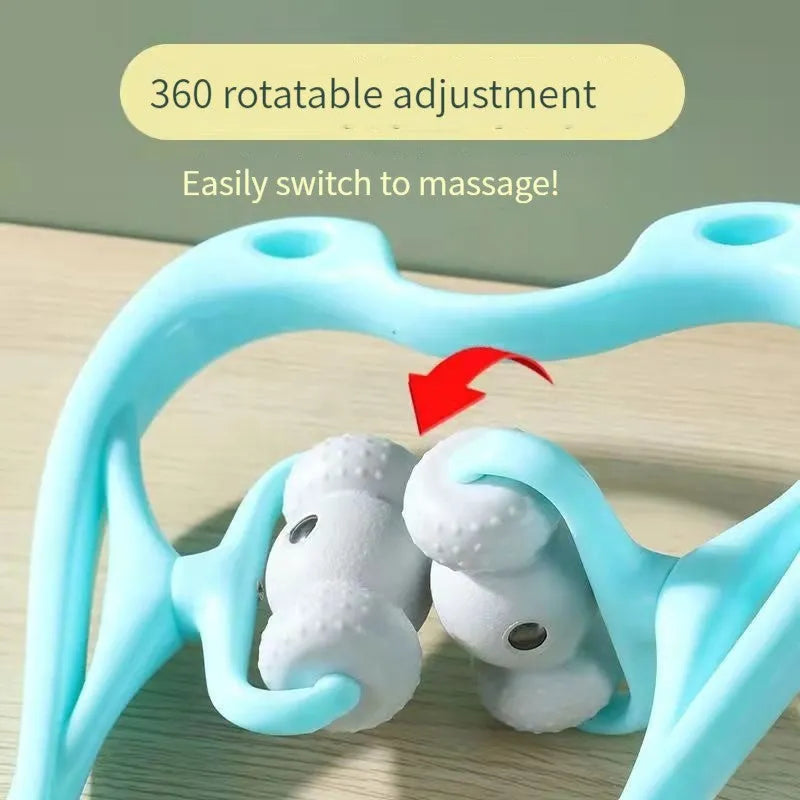 Blue handheld neck massager with pressure points showing 360-degree rotation capability