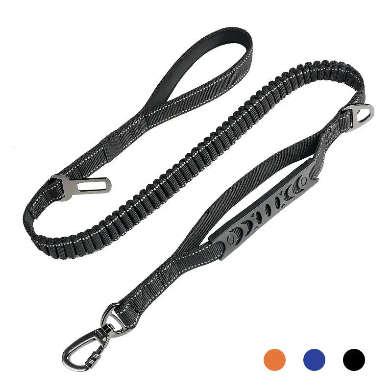 Large retractable dog leash with reflective elements in black, orange, and khaki colour options