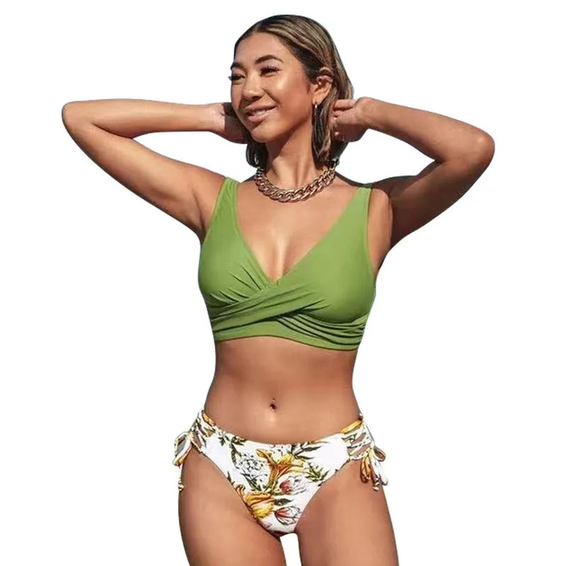 Women's yellow green halter neck bikini with lace-up front and split-style briefs for swimming