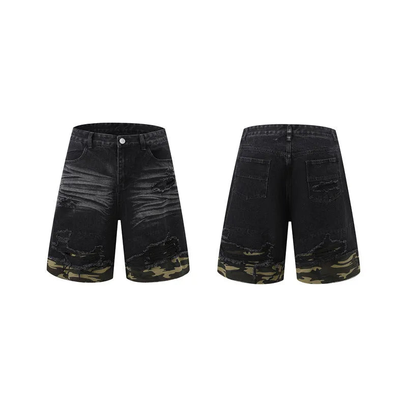 Leopard print denim short sleeve top and shorts set with cut edge stitching in blue.
