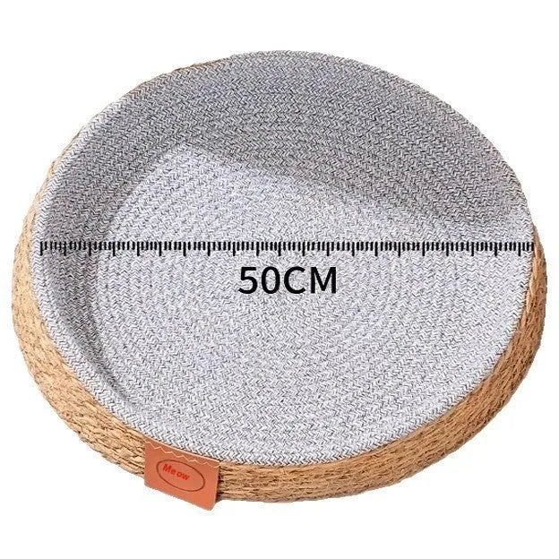 A rattan woven cat nest bed available in sizes S, M, L, and XL for pet comfort.