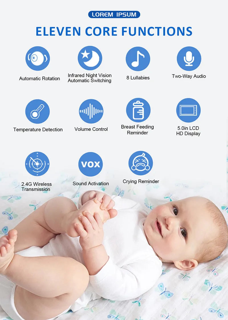 White HD wireless baby monitor with 5-inch screen showing baby room display