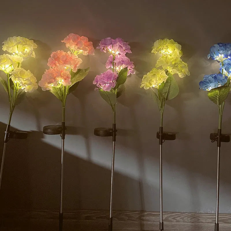Solar hydrangea garden decorative light in outdoor setting showing flower design