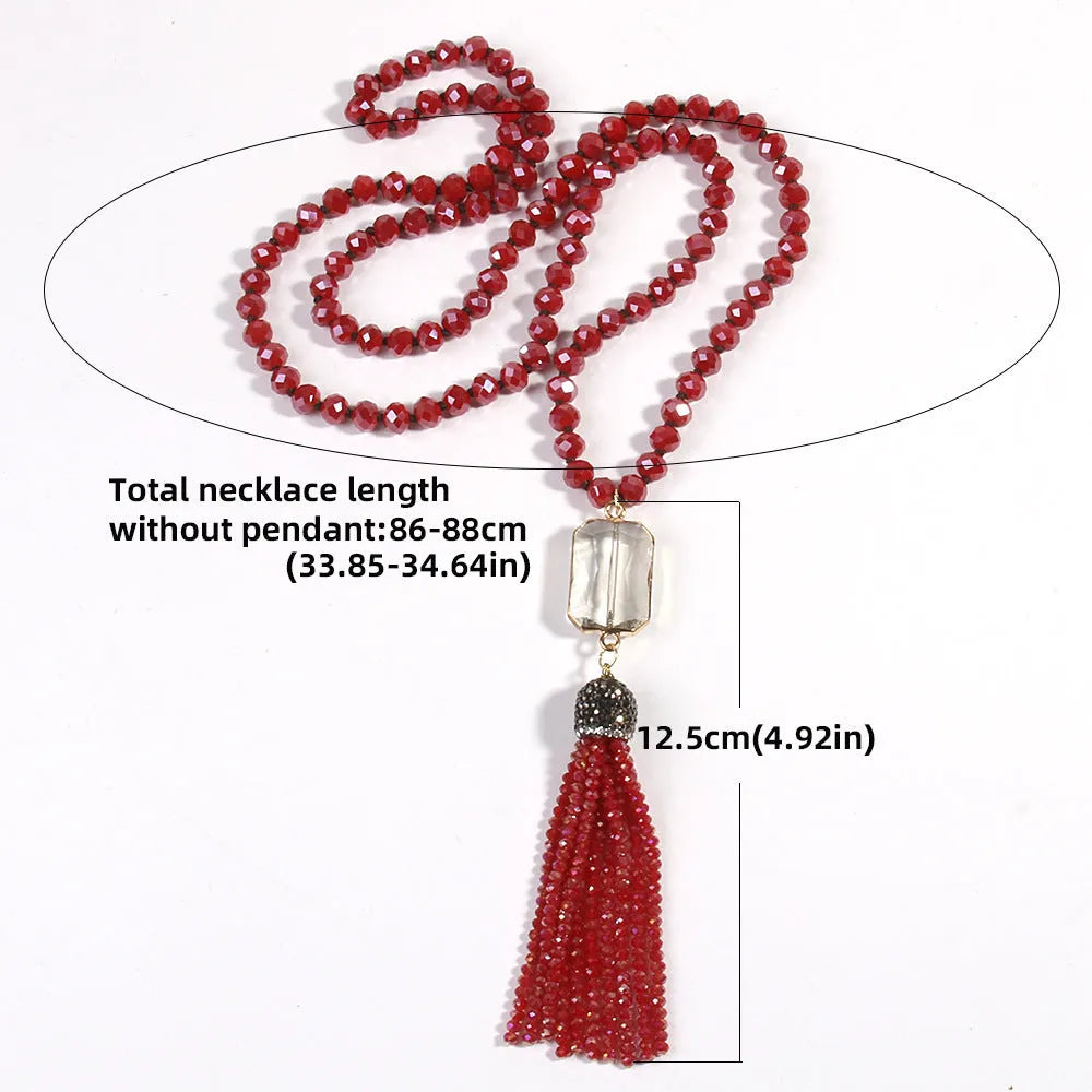 Square glass pendant necklace with glass tassel, electroplated finish, knot chain, 81cm length, bohemian style