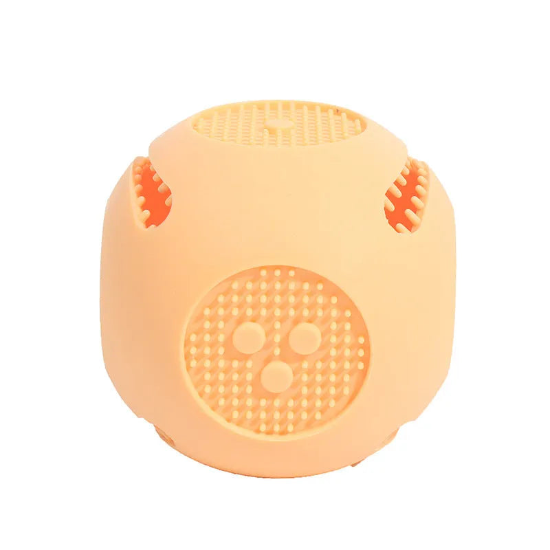 Silicone dice-shaped dog toy in yellow, sky blue, or green for treat dispensing and slow feeding.