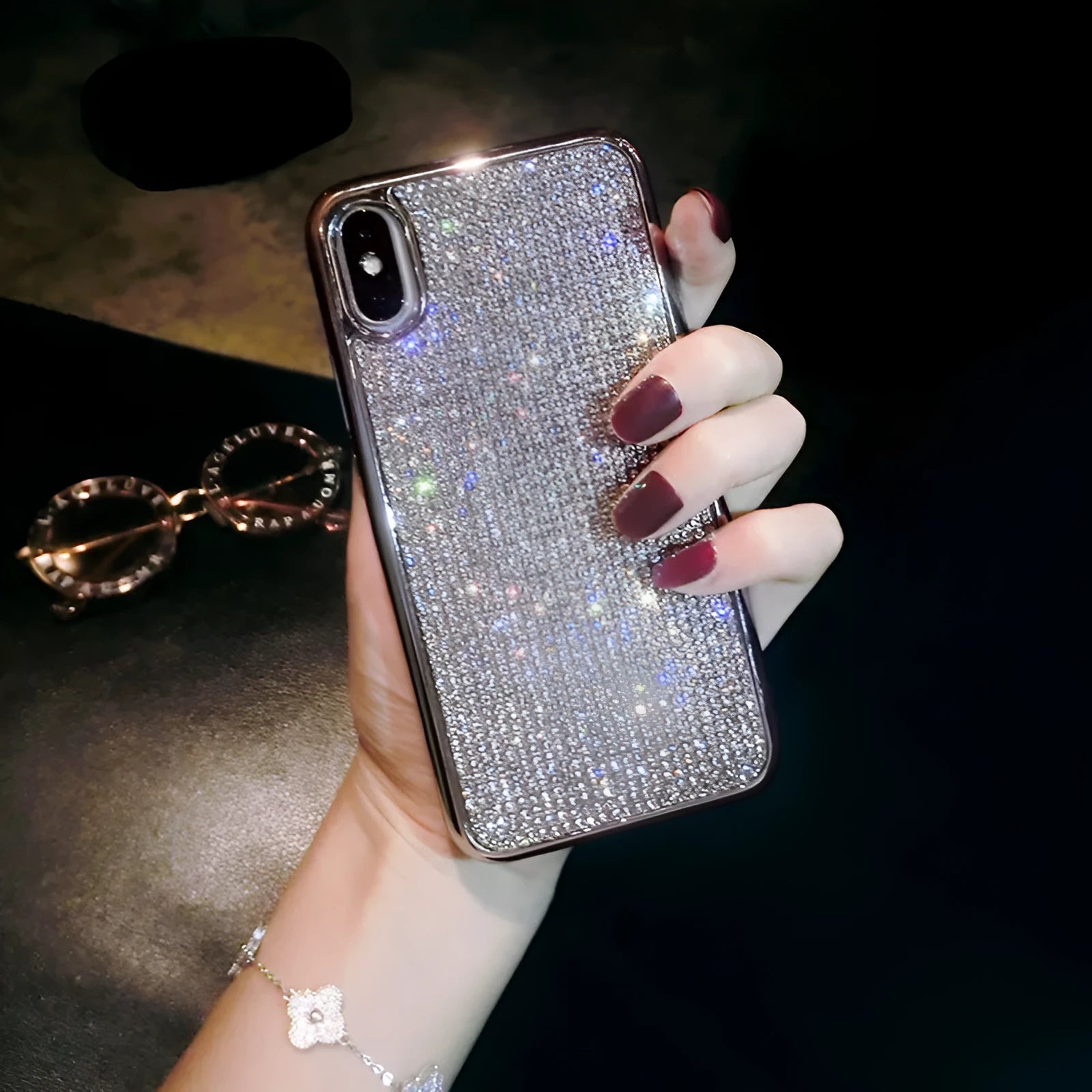 Silver silicone phone case with diamond pattern for multiple iPhone models