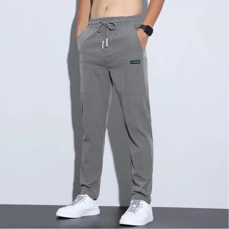 Ice silk casual men's elastic large business pants straight tube high waist solid colour polyester fabric in black, dark grey, light grey