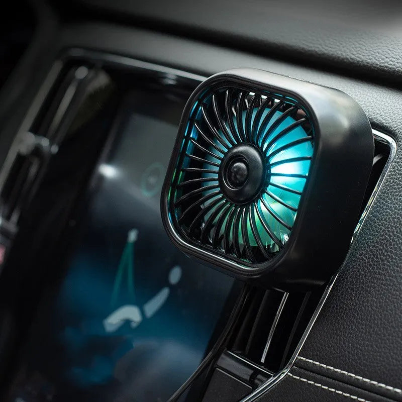 Black USB car fan with three speed buttons on compact 97mm base