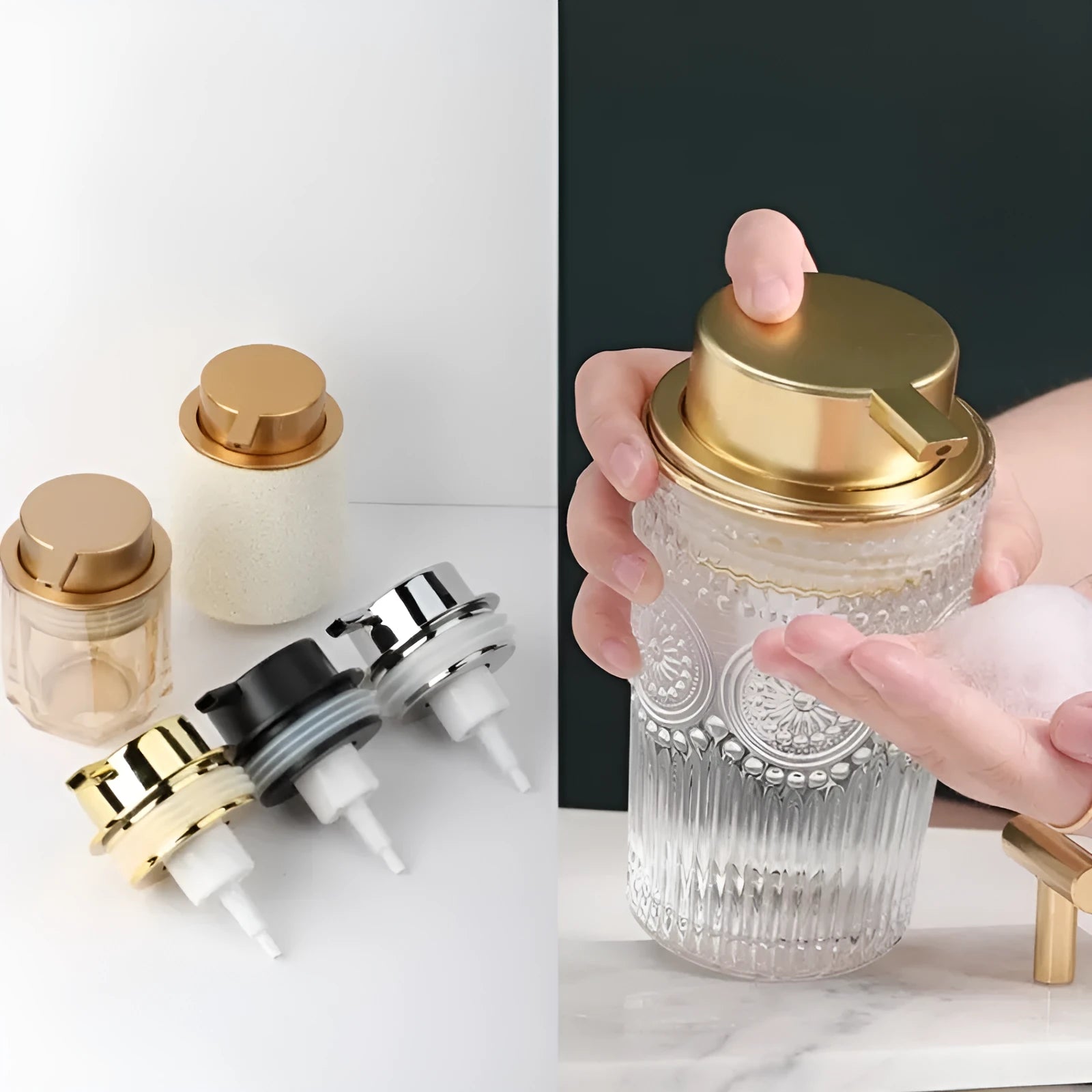 ABS plastic foam pump with large head in metallic gold finish for facial cleanser
