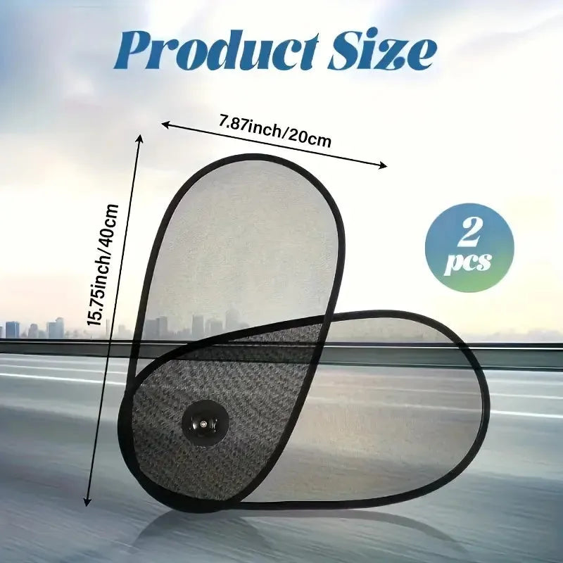Black stretchy car side window sunshade for baby with suction cups attached to glass.