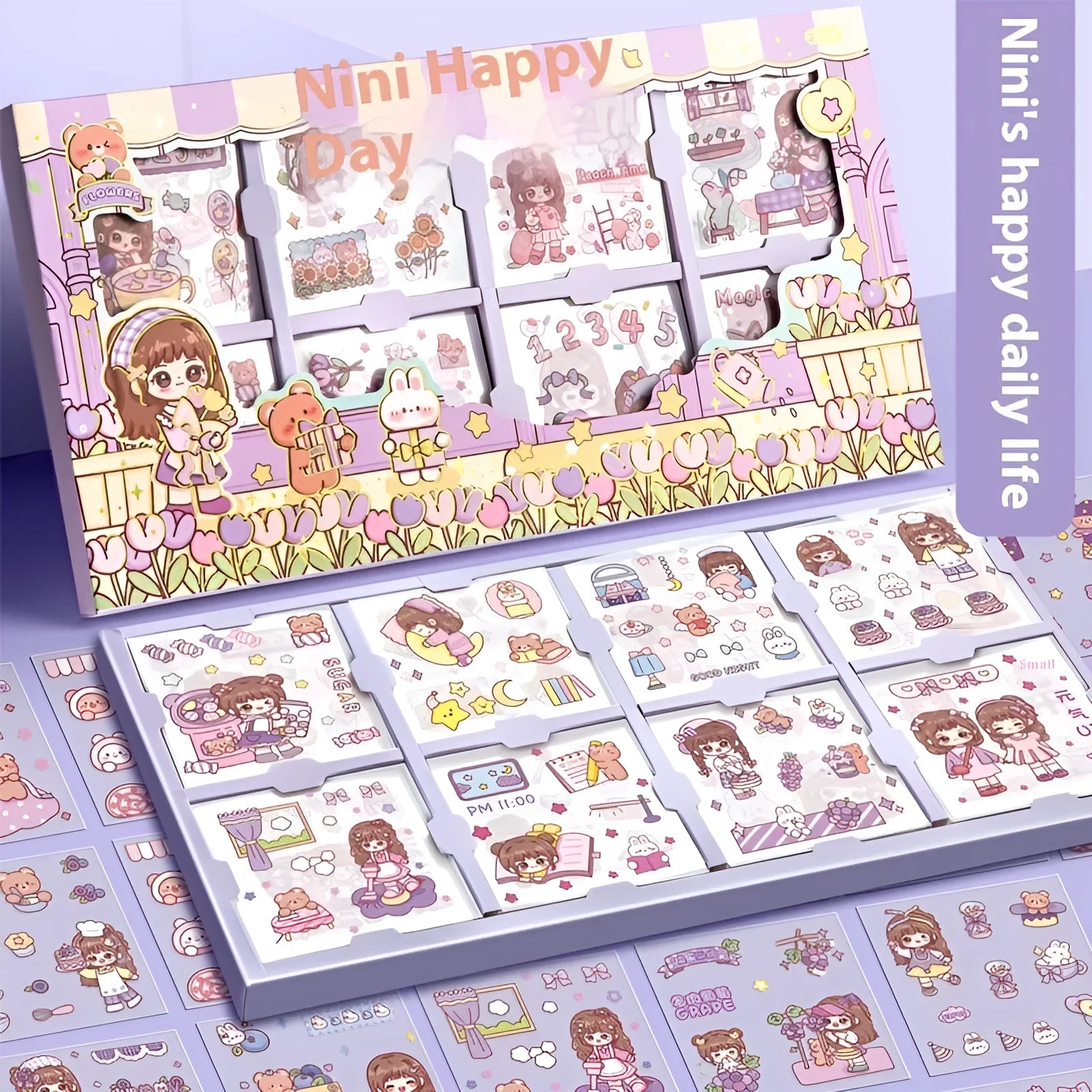 Box of children's stickers showing five cute designs including Meatball Cute Everyday and Peach Tea Party.
