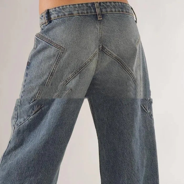Blue cotton loose wide leg mop trousers with low waist and stitching detail