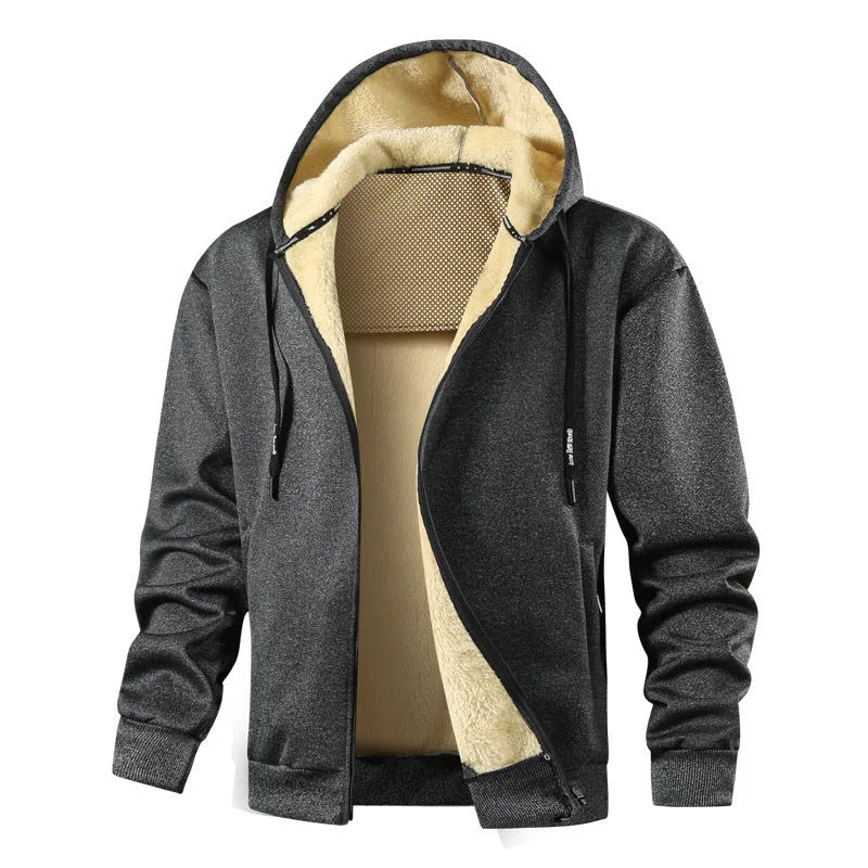 Men's fleece-lined hooded sweatshirt in loose cardigan style with side pockets, black colour