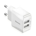 Dual USB EU plug wall charger 2100mA for mobile phones, compatible with iPhone and Samsung S8
