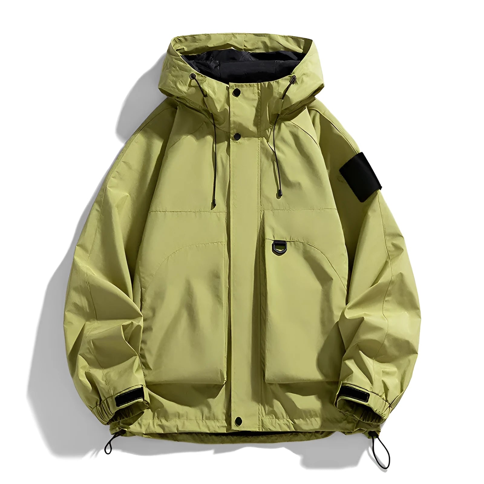 Men's black waterproof windproof hooded jacket coat for outdoor work and leisure.