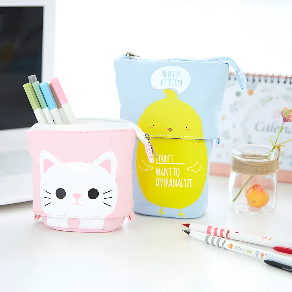 Korean-style round canvas pencil case with cartoon patterns in 19x7.5x12.5cm dimensions