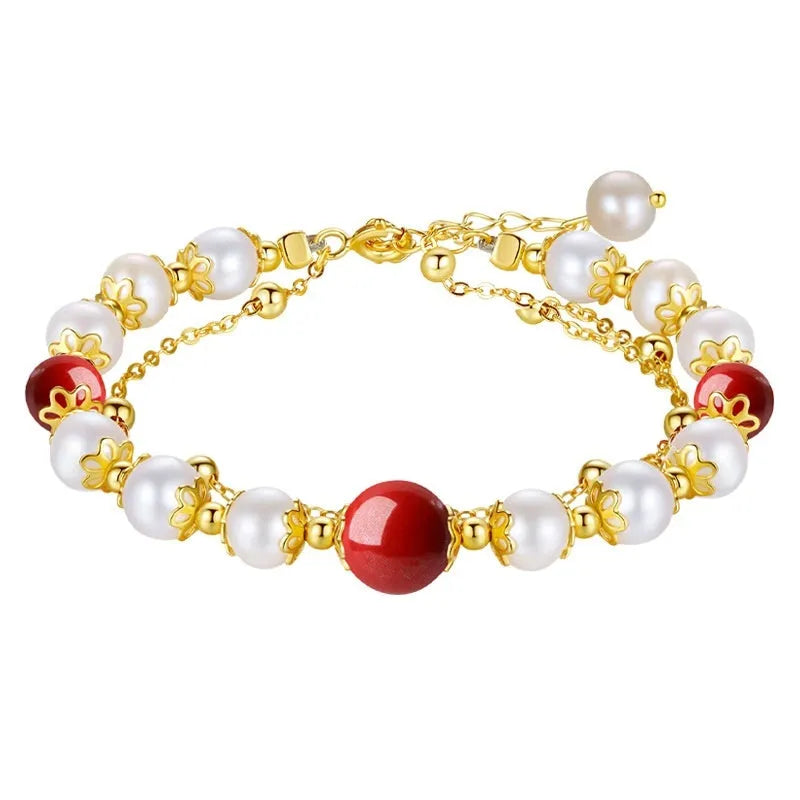 Sterling silver double-layer bracelet with white freshwater pearls and cinnabar red bean geometric design
