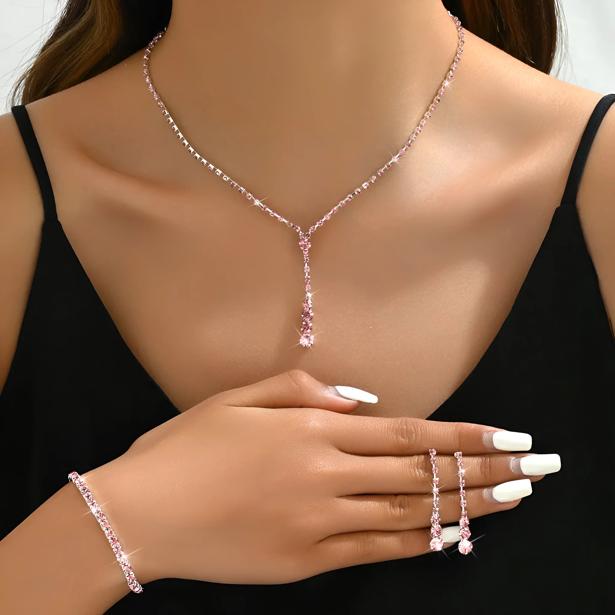 Women's three-piece rhinestone heart pendant wedding jewellery set with snake bone chain and elastic bracelet