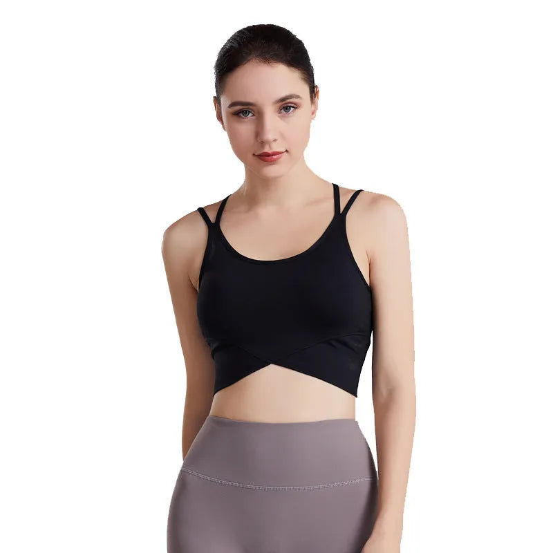 Women's nylon yoga fitness top in black with size chart, available in S to XL for gym workout