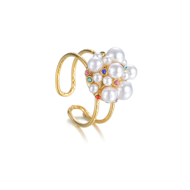 Women's stainless steel open mouth ring with pearl and zircon detailing in round and heart-shaped styles