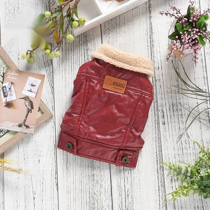 Red PU leather pet coat with two-legged design and fleece lining for small dog winter warmth
