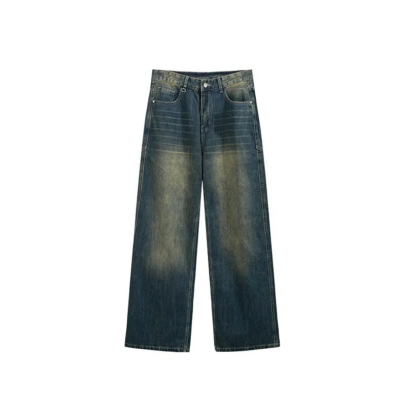 Men's washed cut wide leg jeans in straight leg style showing micro-elastic fabric and zipper fly