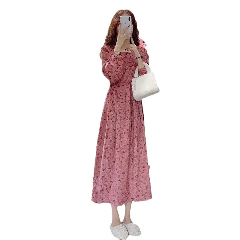 Red cotton knit floral sweet cover long dress with elastic waist and princess sleeves